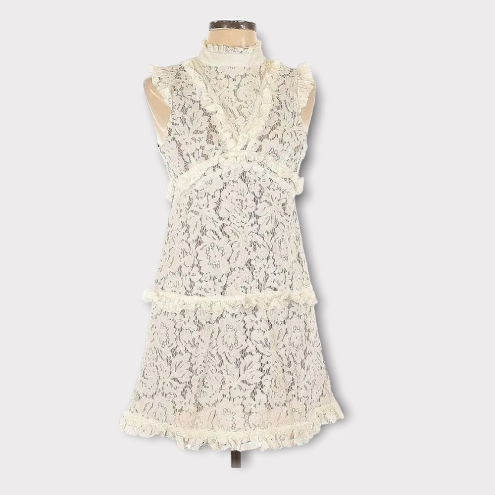 Space 46 The Penny Ruffle High Neck Lace Dress White and Nude Sz M - Picture 11 of 11